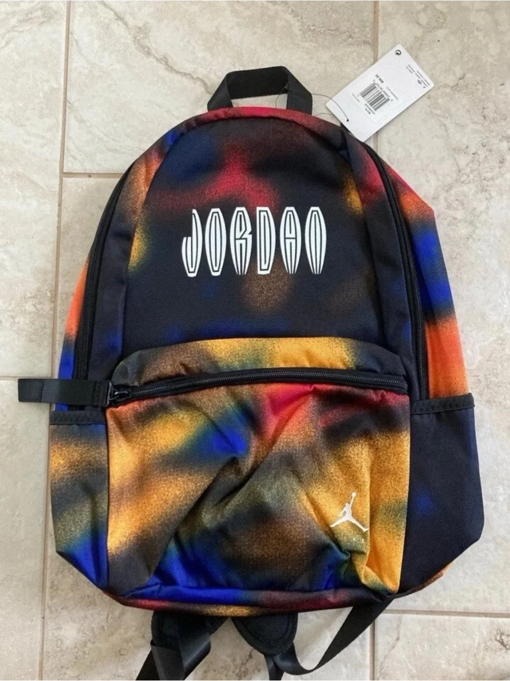 Jordan Black Backpack with Red, Blue, Orange and Gold Spray Accents
